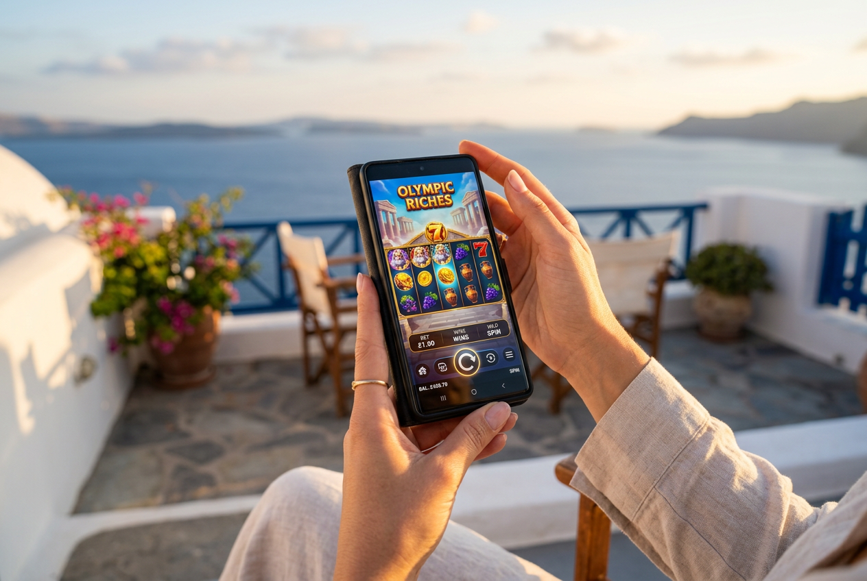 A person playing online casino on a mobile phone with a Greek coastal background