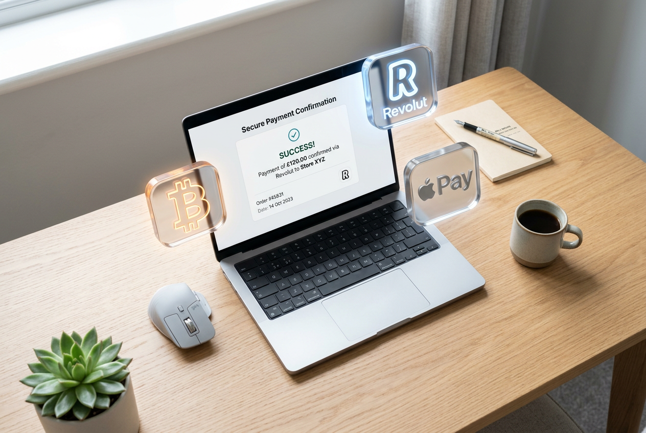 Cryptocurrency and digital payment icons on a modern workspace